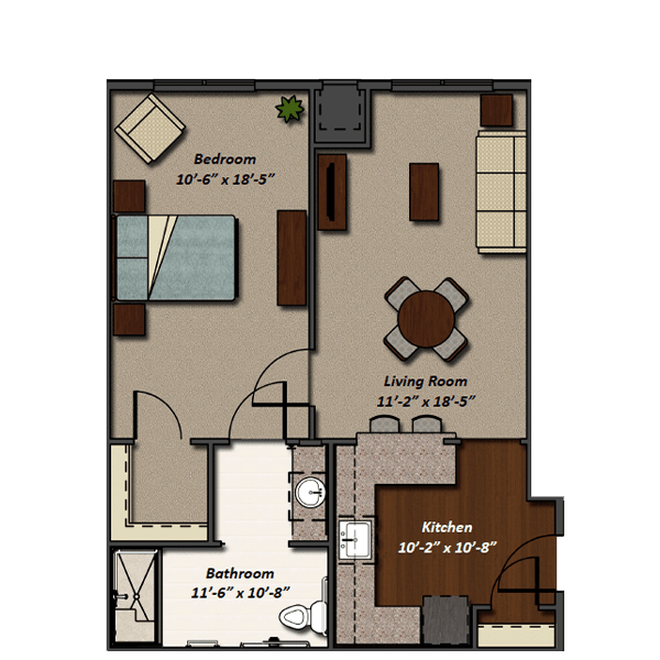 A detailed floor plan of a one-bedroom apartment, including a kitchen, living room, and bathroom.