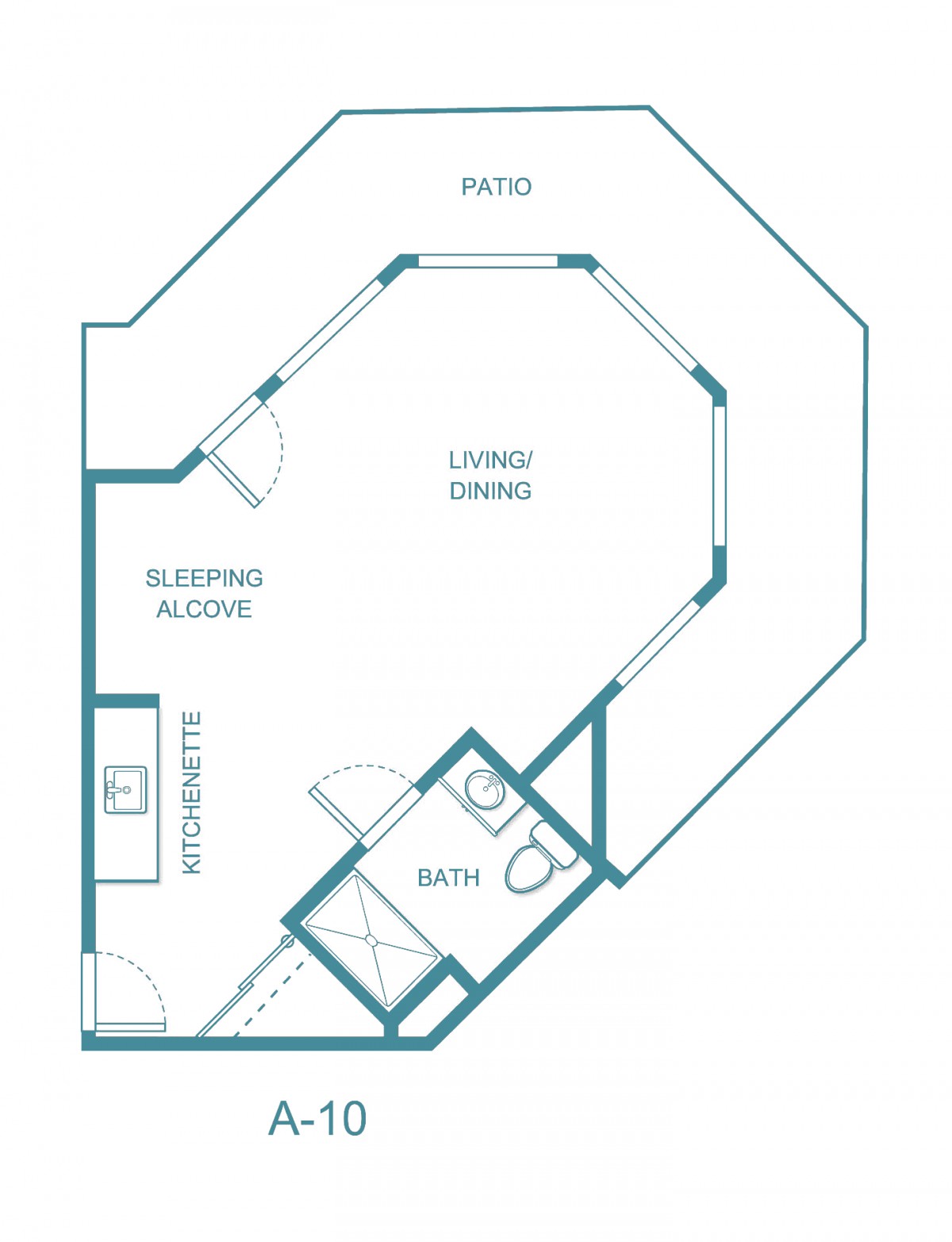 Studio apartment floor plan with a sleeping alcove, kitchenette, and bathroom.