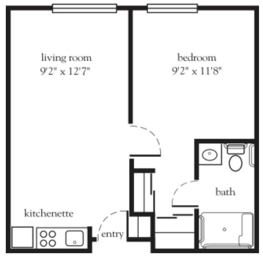 A simple one-bedroom apartment floor plan with a living room, kitchenette, and bathroom.