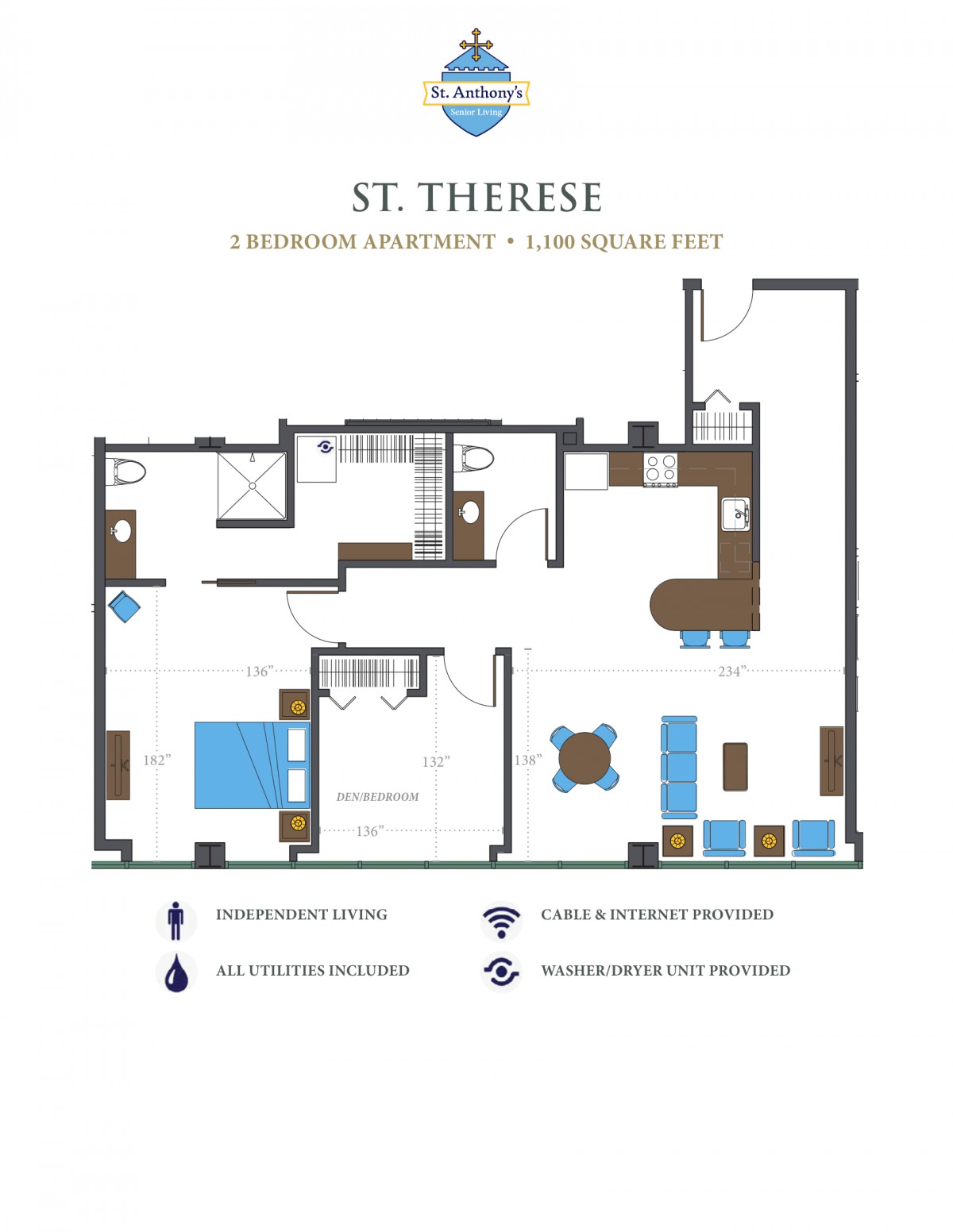 A floor plan of the St. Therese apartment featuring 2 bedrooms and 1.5 bathrooms.