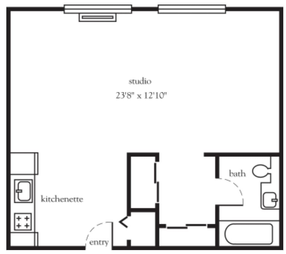 Studio apartment floor plan with kitchen, bath, and main living area.