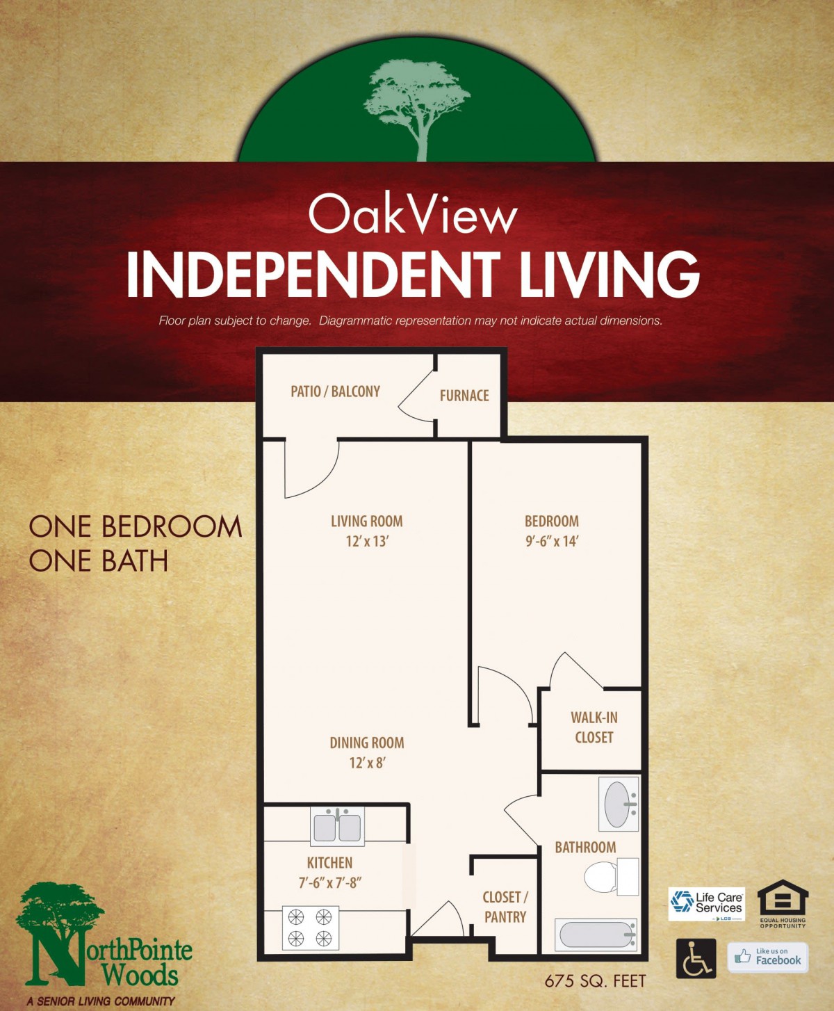 A floor plan for a one-bedroom, one-bath unit at OakView Independent Living.