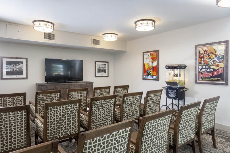 A small conference room equipped with rows of chairs facing a television screen, featuring modern lighting fixtures and framed artwork on the walls.