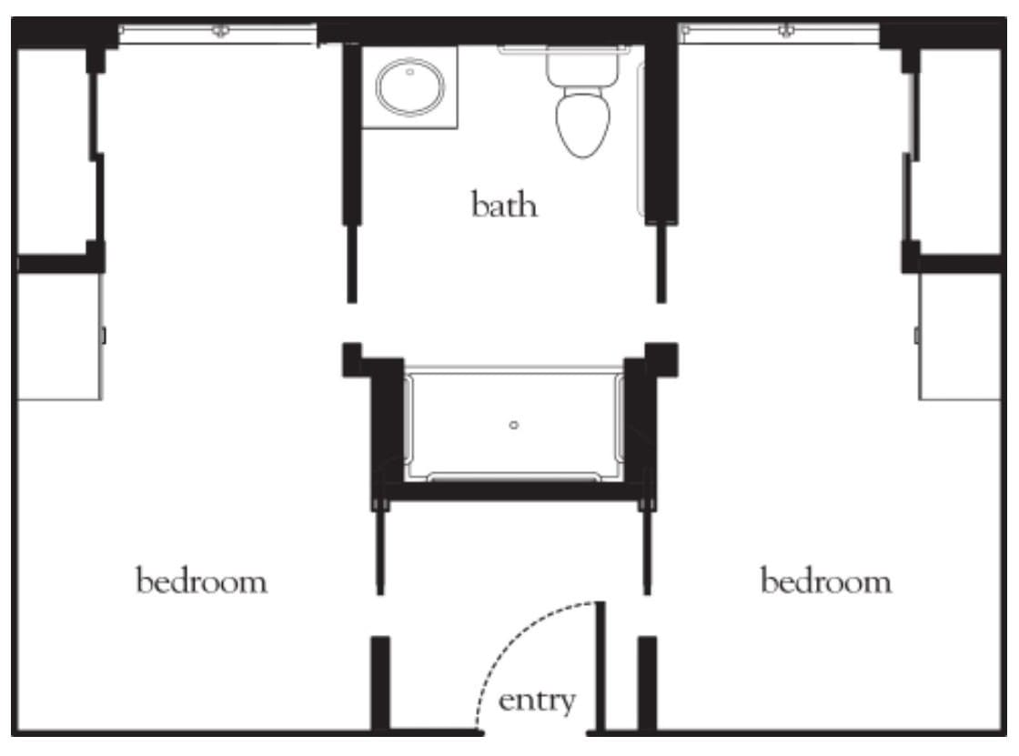 A simple floor plan showing two bedrooms, a bathroom, and an entryway.