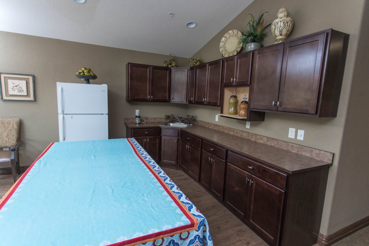 A modern kitchen with dark wood cabinets, a white refrigerator, and decorative items on the countertop.