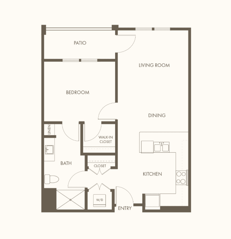 A floor plan of an apartment featuring one bedroom, a kitchen, dining area, living room, and bathroom.
