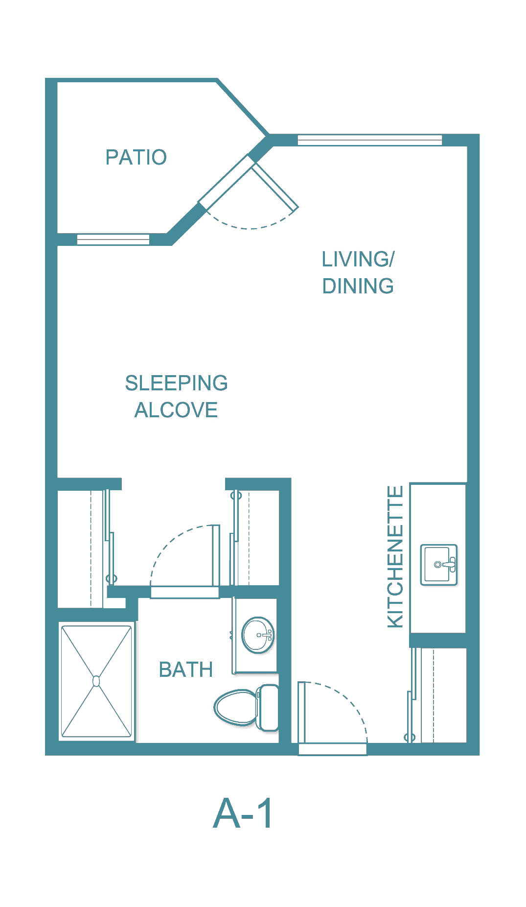 Studio apartment floor plan with sleeping alcove, kitchenette, and bathroom.