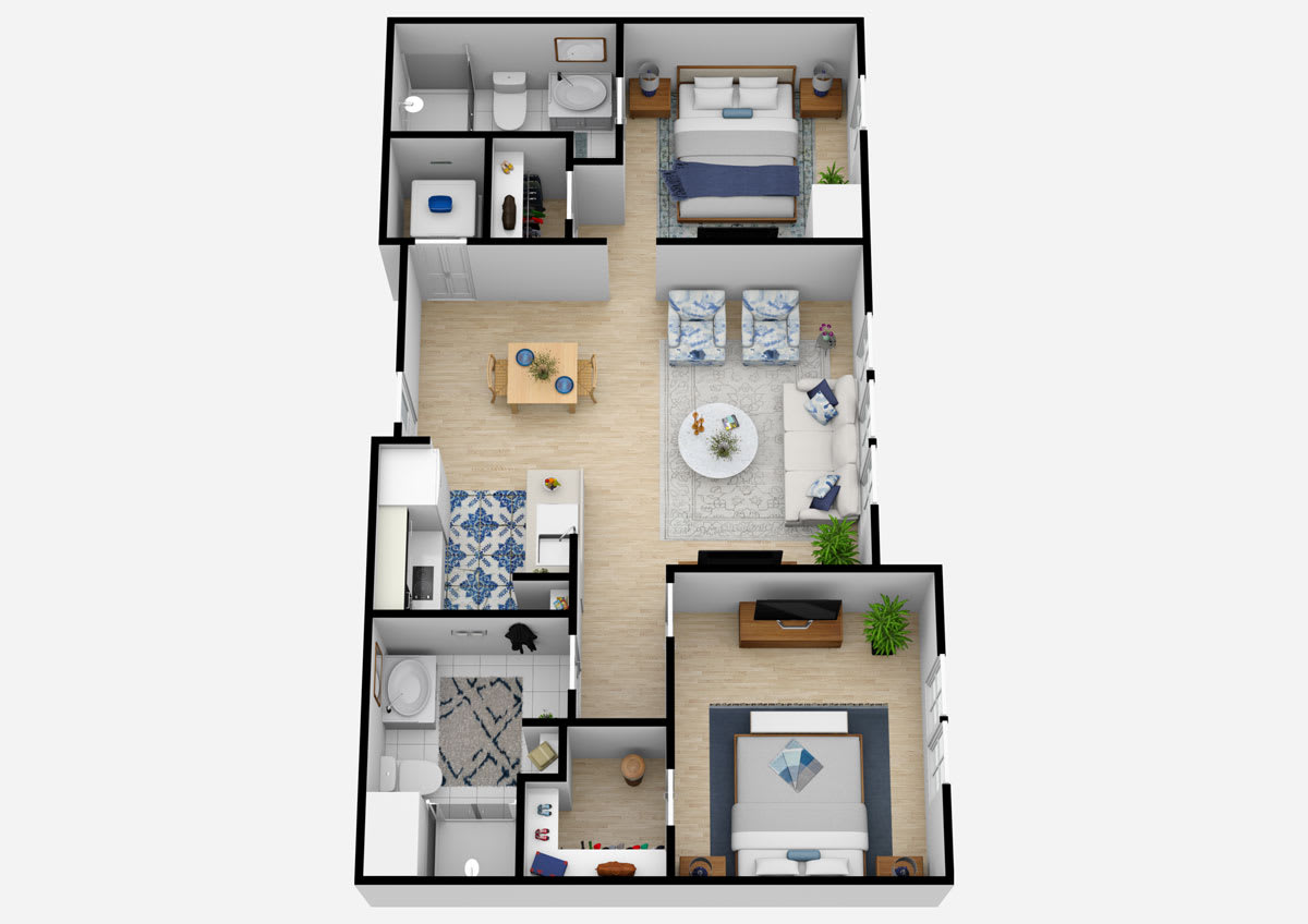 A 3D floor plan of a two-bedroom apartment featuring a spacious living area, kitchen, and bathrooms.