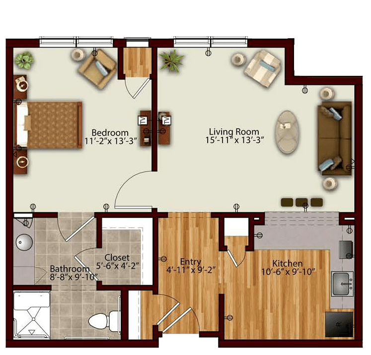 This is a floor plan of a one-bedroom apartment featuring a living room, kitchen, and bathroom.
