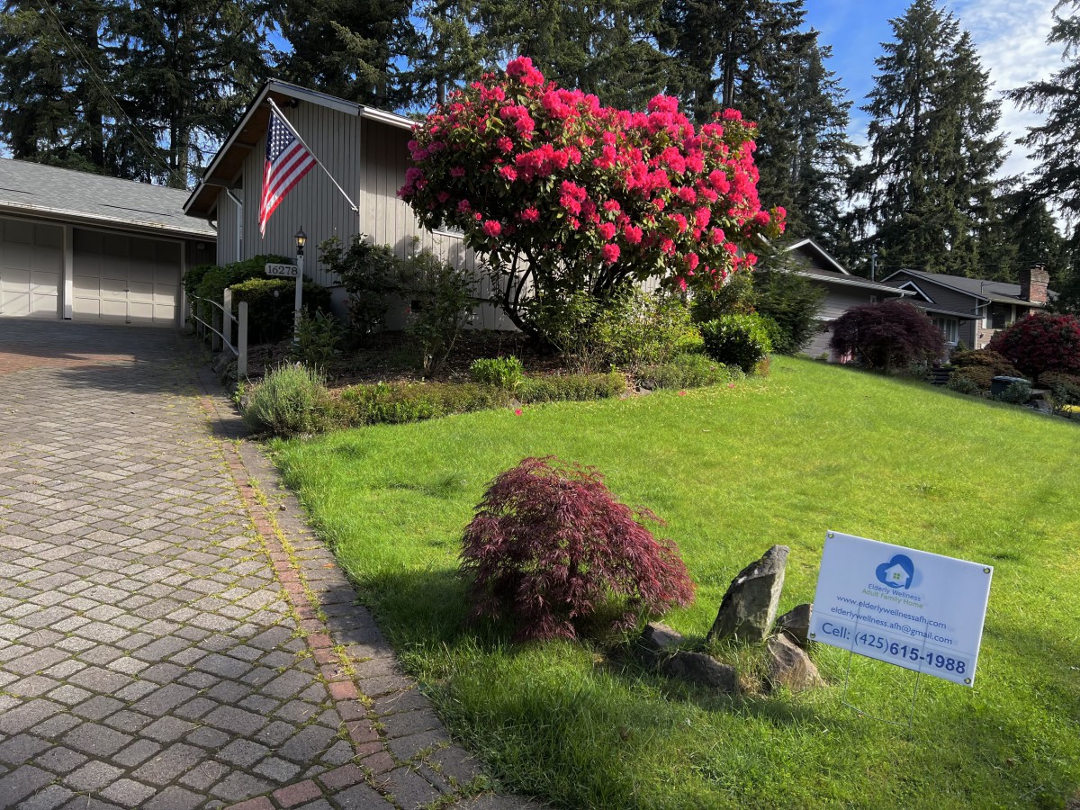 A suburban house with a well-maintained garden, featuring a flowering tree and an American flag.