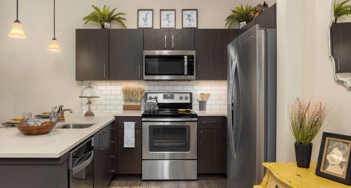 A modern kitchen with stainless steel appliances and dark cabinets.