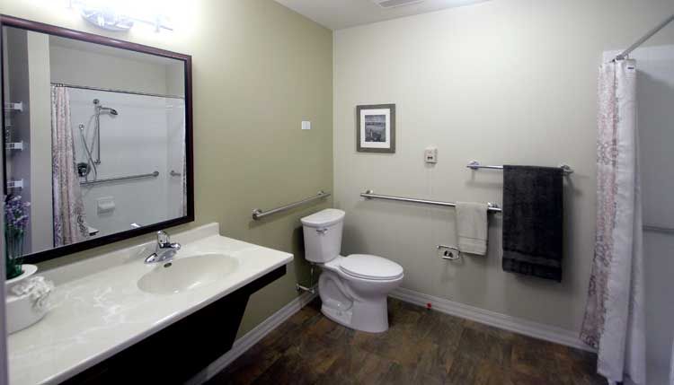 A modern bathroom with a toilet, sink, mirror, and grab bars for accessibility.