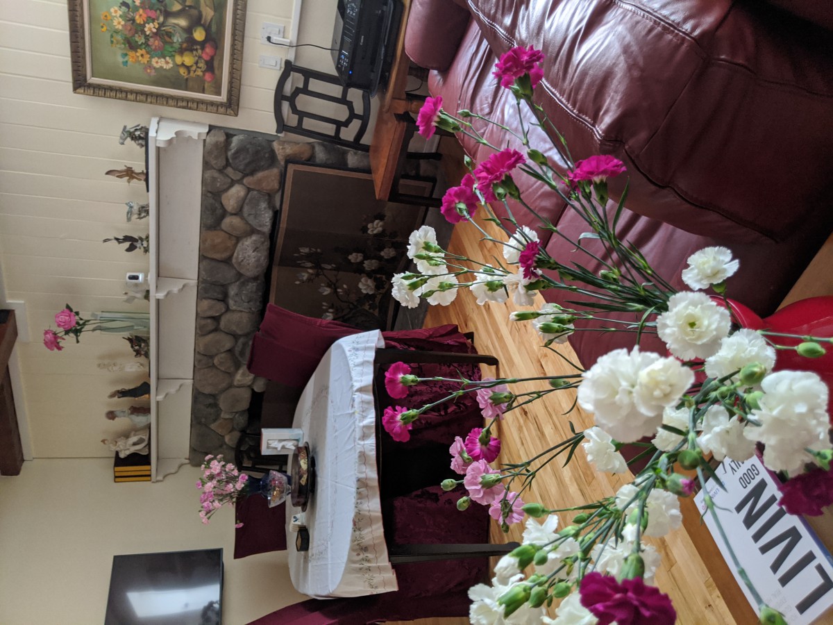 A cozy living room with a sofa, decorative flowers, and a fireplace.