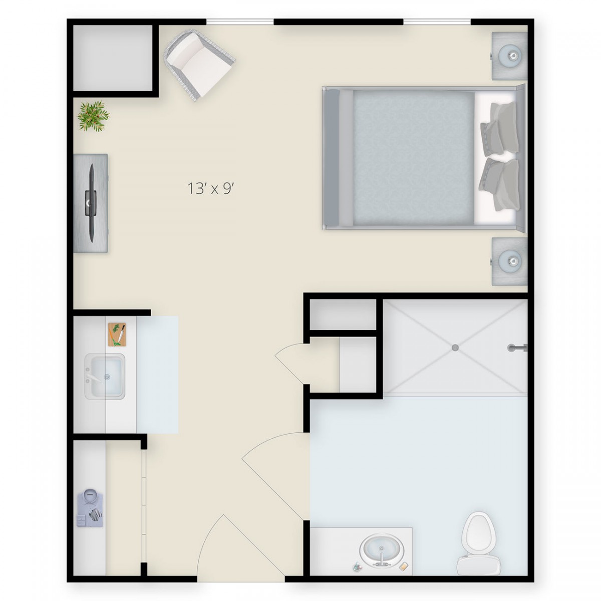 A minimalist one-bedroom apartment floor plan with a living area, kitchen, bathroom, and bedroom.