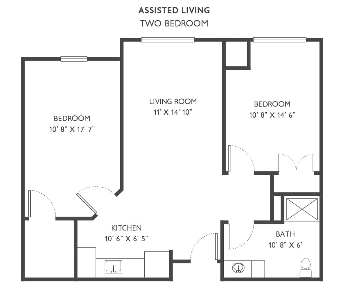 Two-bedroom assisted living apartment floor plan.
