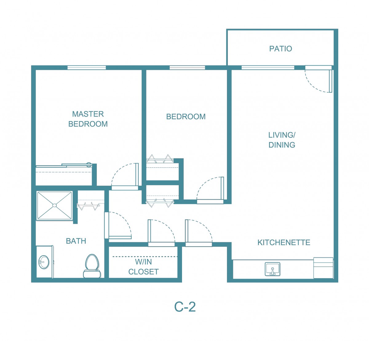 A detailed floor plan of a two-bedroom apartment labeled as 'C-2', featuring a master bedroom, a secondary bedroom, a bathroom, living/dining area, kitchen, and a patio.
