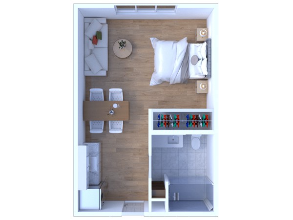 A top-down view of a studio apartment floor plan featuring a cozy bedroom, dining area, and living space.