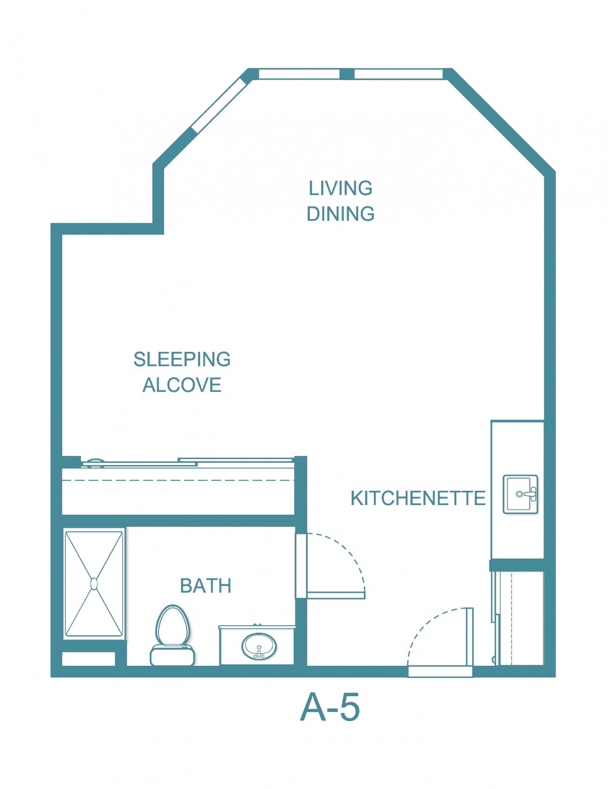 Studio apartment floor plan with kitchenette, sleeping alcove, and bathroom.