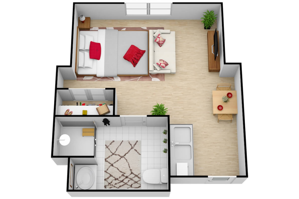 3D floor plan of a studio apartment featuring a bedroom, living area, bathroom, and kitchenette.