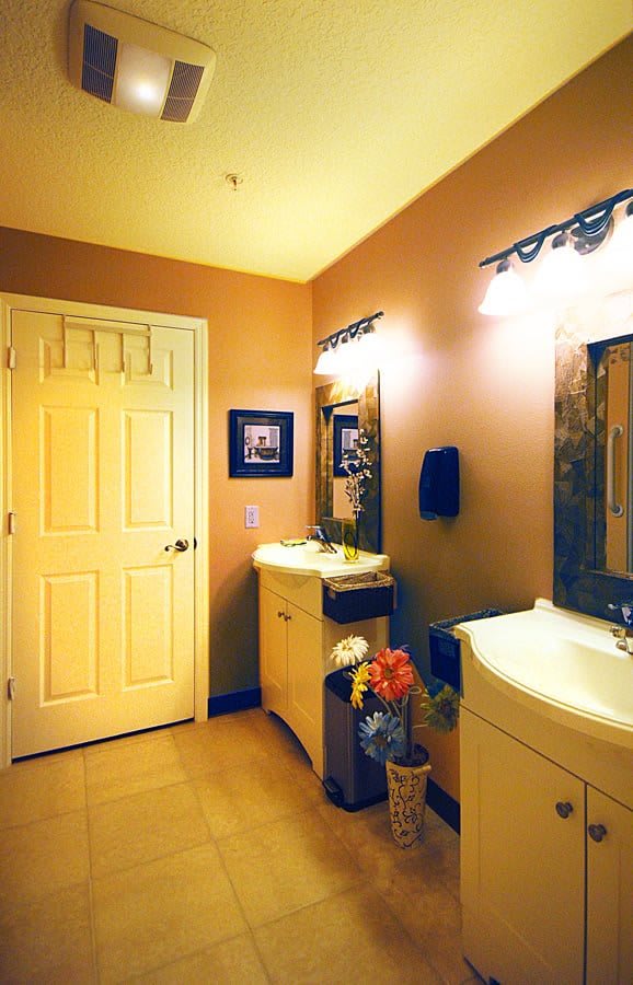 A well-lit bathroom interior featuring two sinks, mirrors, and a cabinet with a decorative plant.