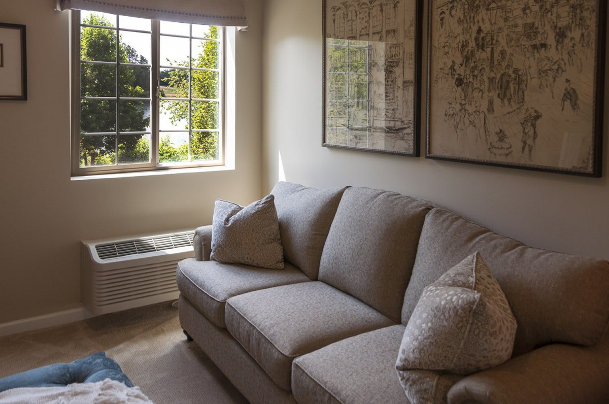 A cozy living room with a comfortable sofa, decorative cushions, and sunlight streaming through the window.