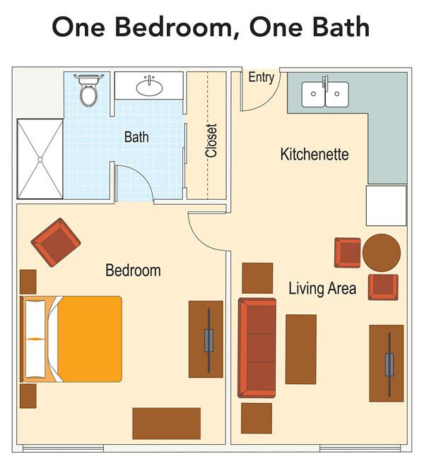 A floor plan of a one-bedroom, one-bath apartment with a living area and kitchenette.