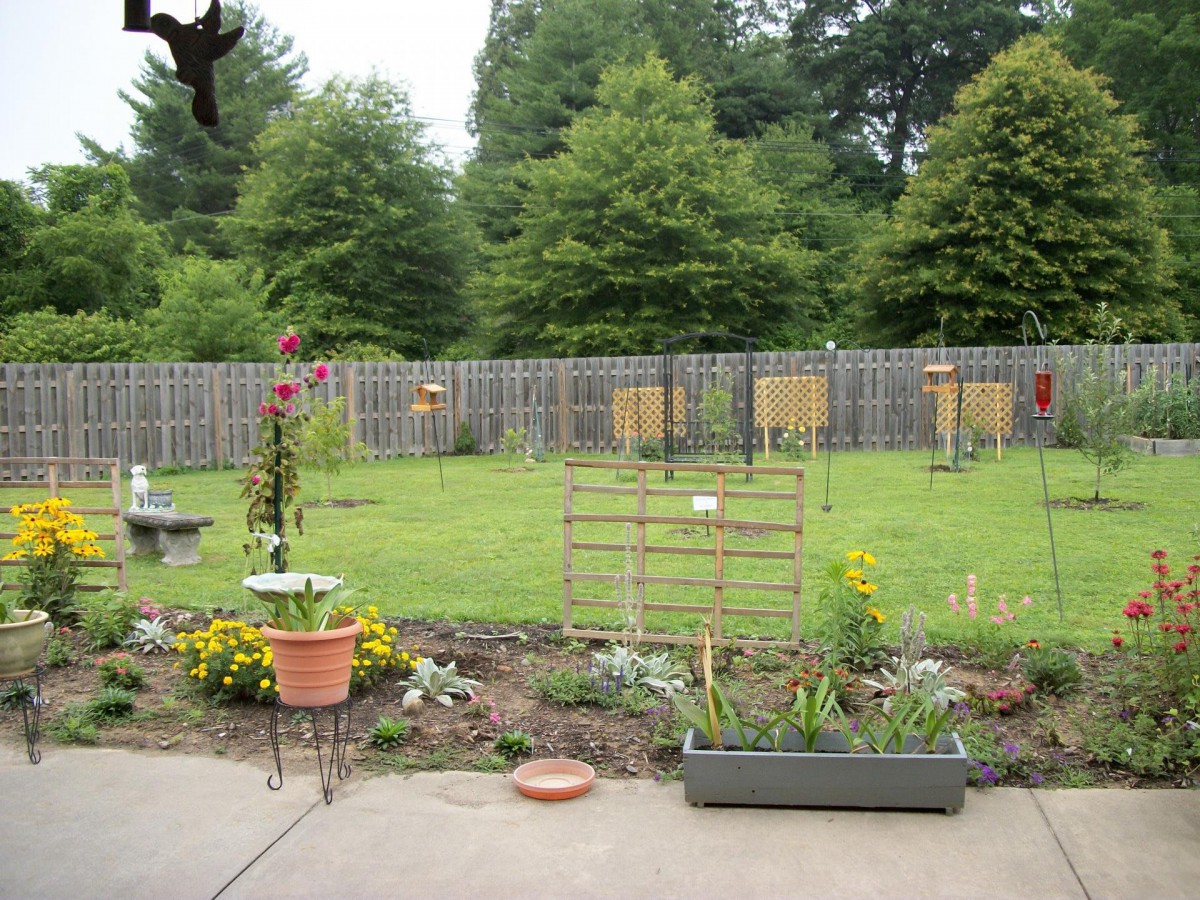 A well-maintained backyard garden with potted plants and bird feeders.