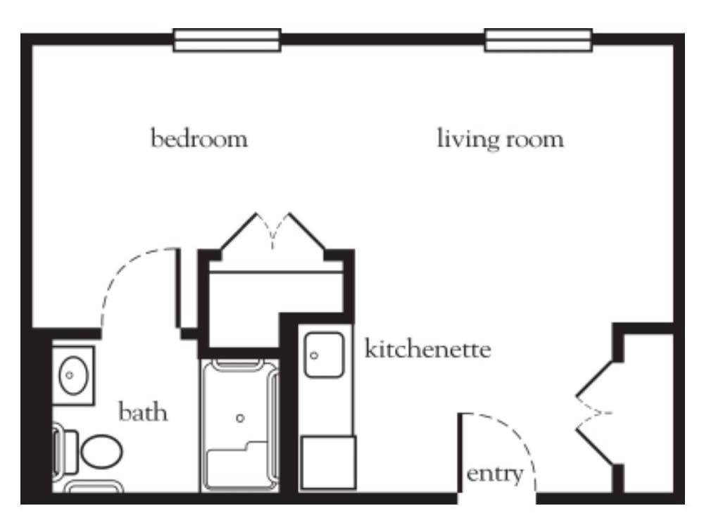 A simple floor plan of a small apartment featuring a bedroom, living room, kitchenette, bath, and entry.
