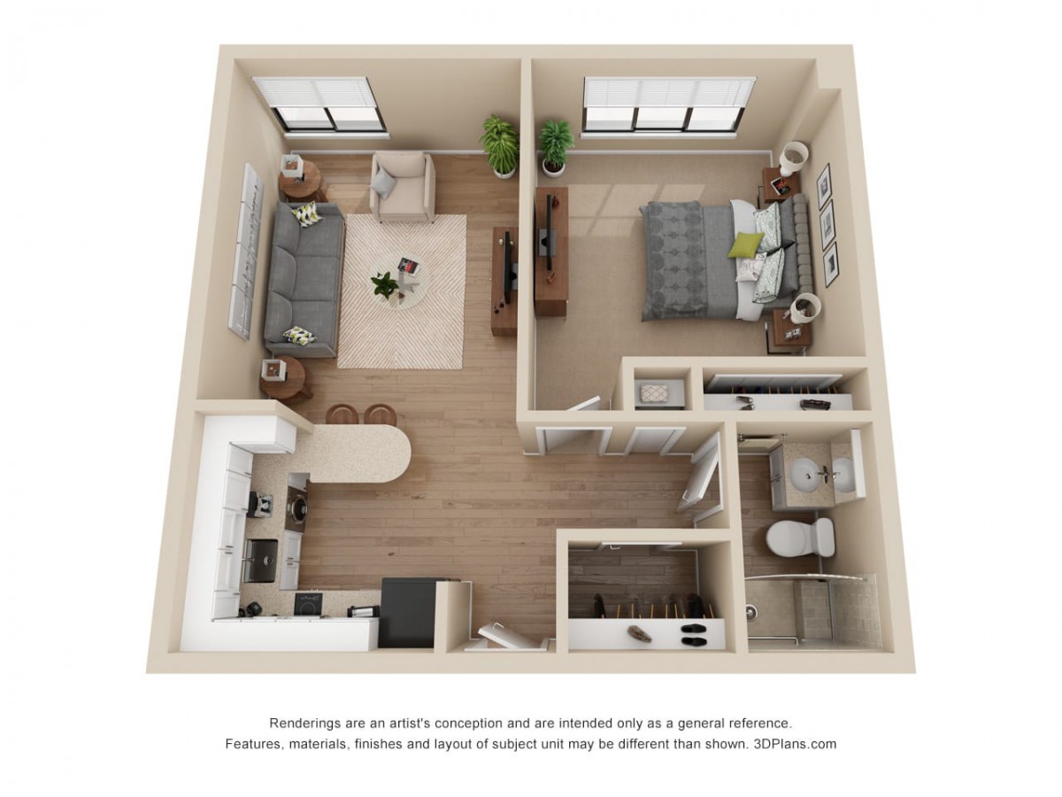 A 3D floor plan of a one-bedroom apartment featuring an open living and dining area, kitchen, bedroom, and bathroom.