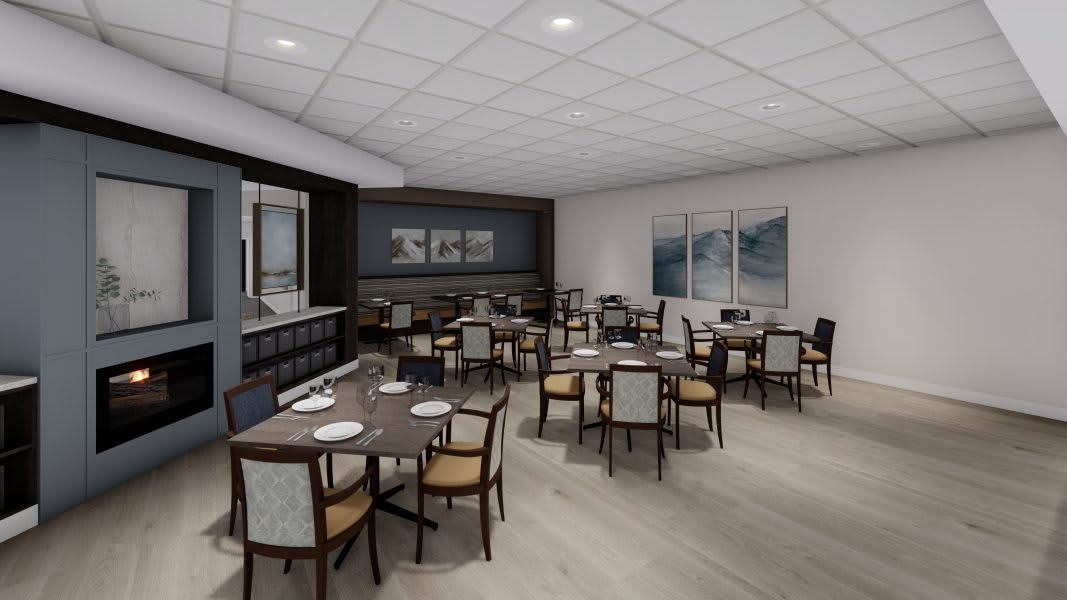 A modern restaurant interior featuring neatly arranged tables and chairs.