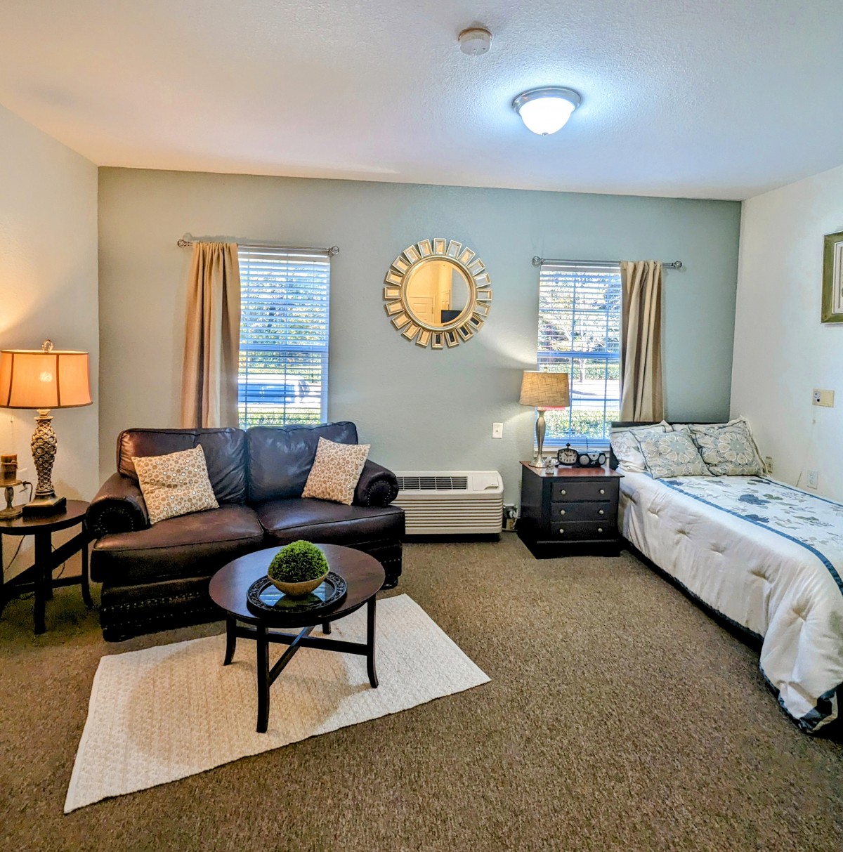 A cozy combined living and sleeping area featuring a sofa, bed, and stylish decor.