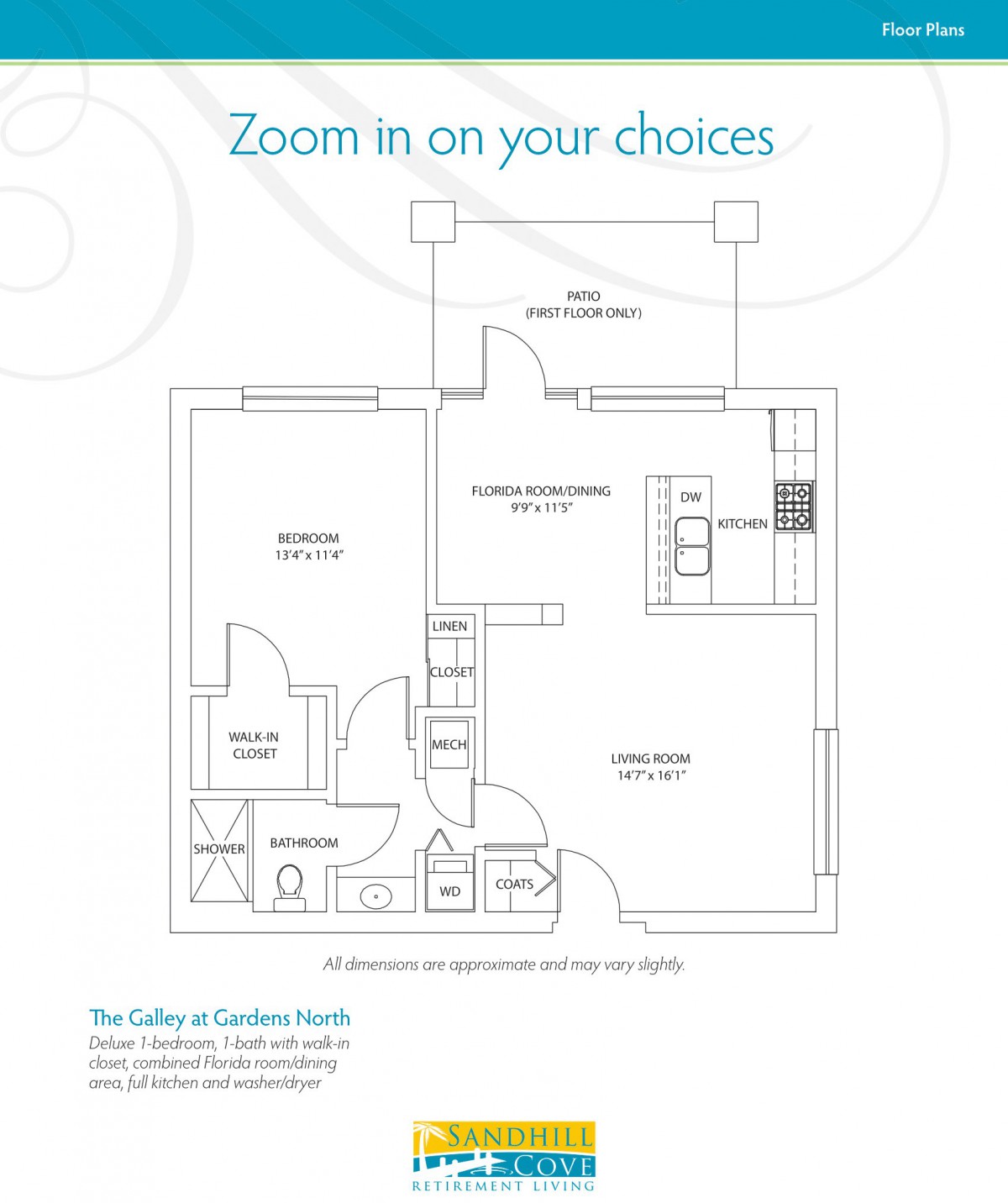 Floor plan of a one-bedroom apartment with labeled rooms and measurements.