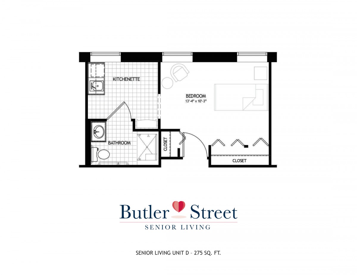 Floor plan of a studio apartment from Butler Street Senior Living.