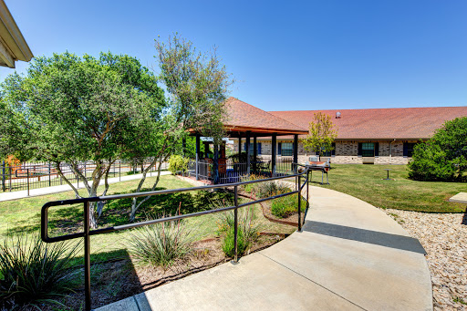 A sunny day showcasing a well-maintained outdoor area with a pathway leading to a building surrounded by greenery.