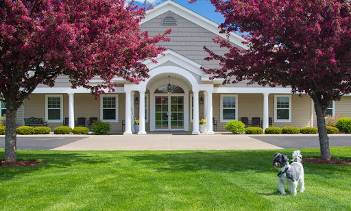 A beautiful residential building surrounded by vibrant trees and well-maintained lawn.