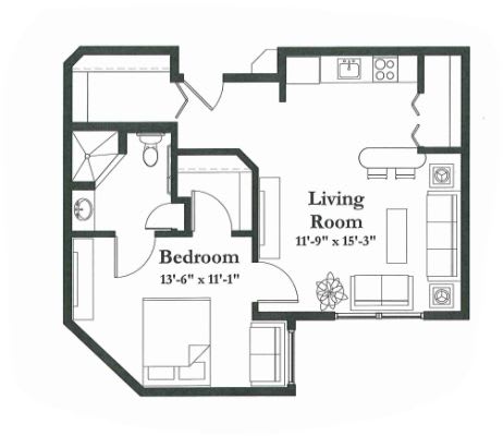 A floor plan showing a one-bedroom apartment with a living room, kitchen, and bathroom.