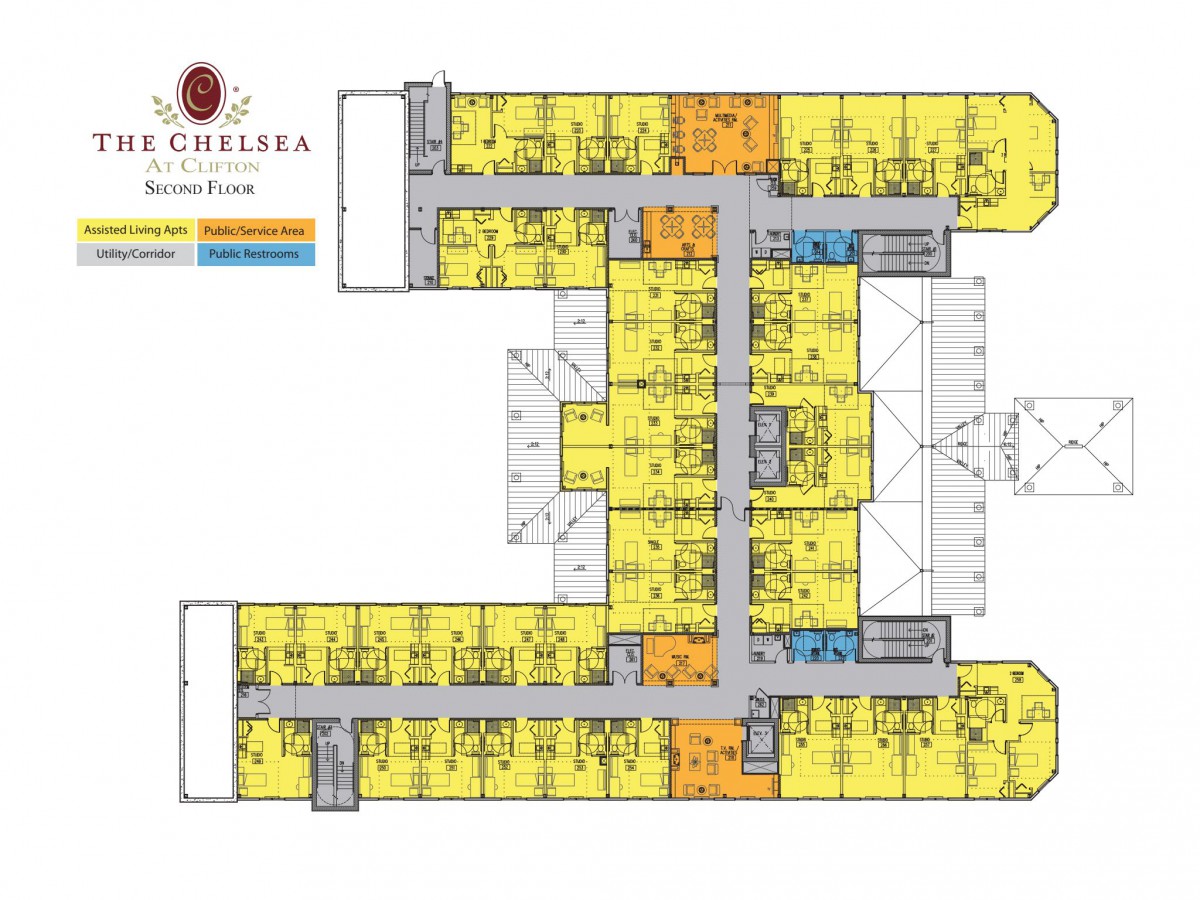 A detailed floor plan of an apartment complex, showing the layout of various units and common areas.