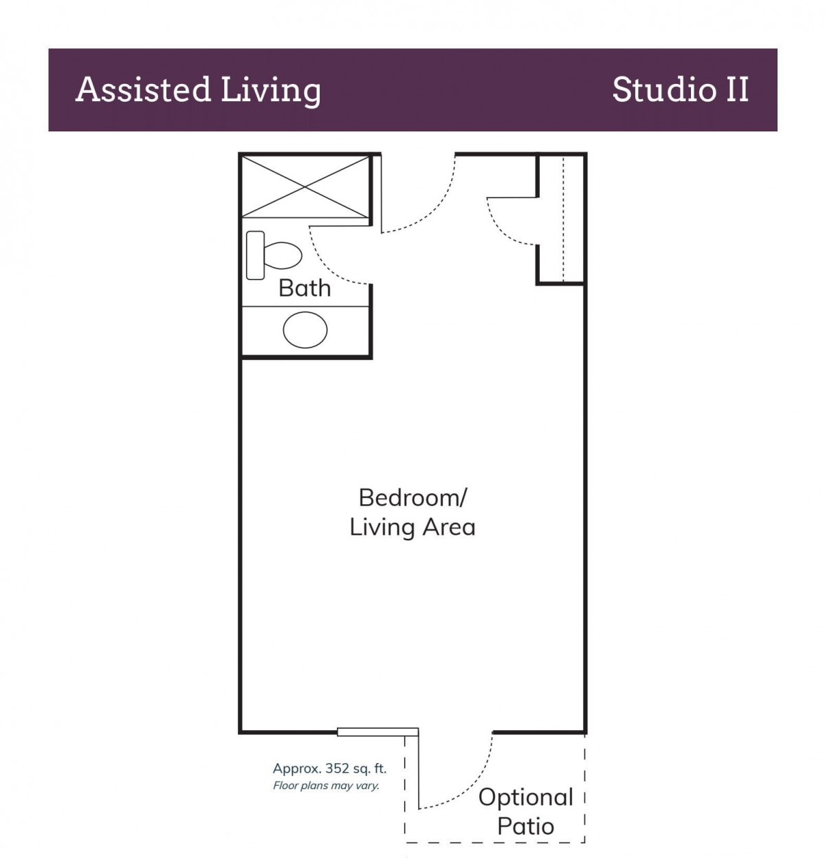 Studio apartment floor plan for assisted living space.