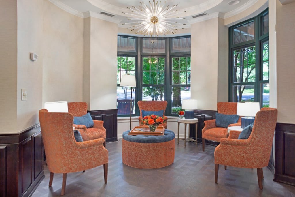 A stylish lobby with comfortable seating and elegant decor.