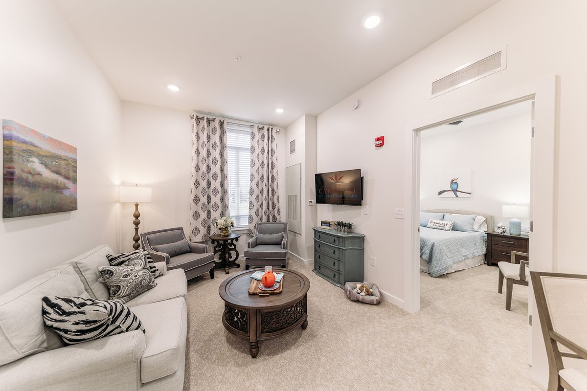 A stylish living room with modern furniture and a cozy seating arrangement.