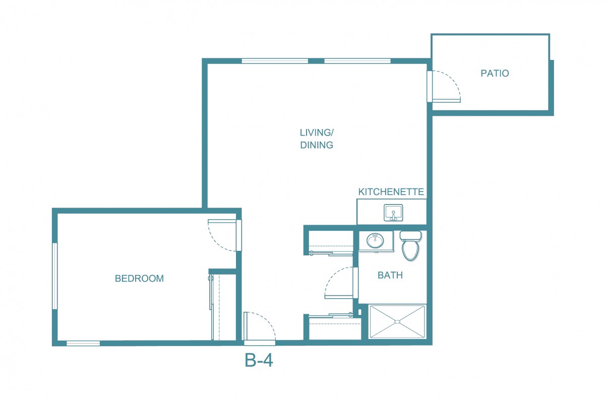 A floor plan of a one-bedroom apartment featuring a living/dining area, kitchen, bathroom, and closet.