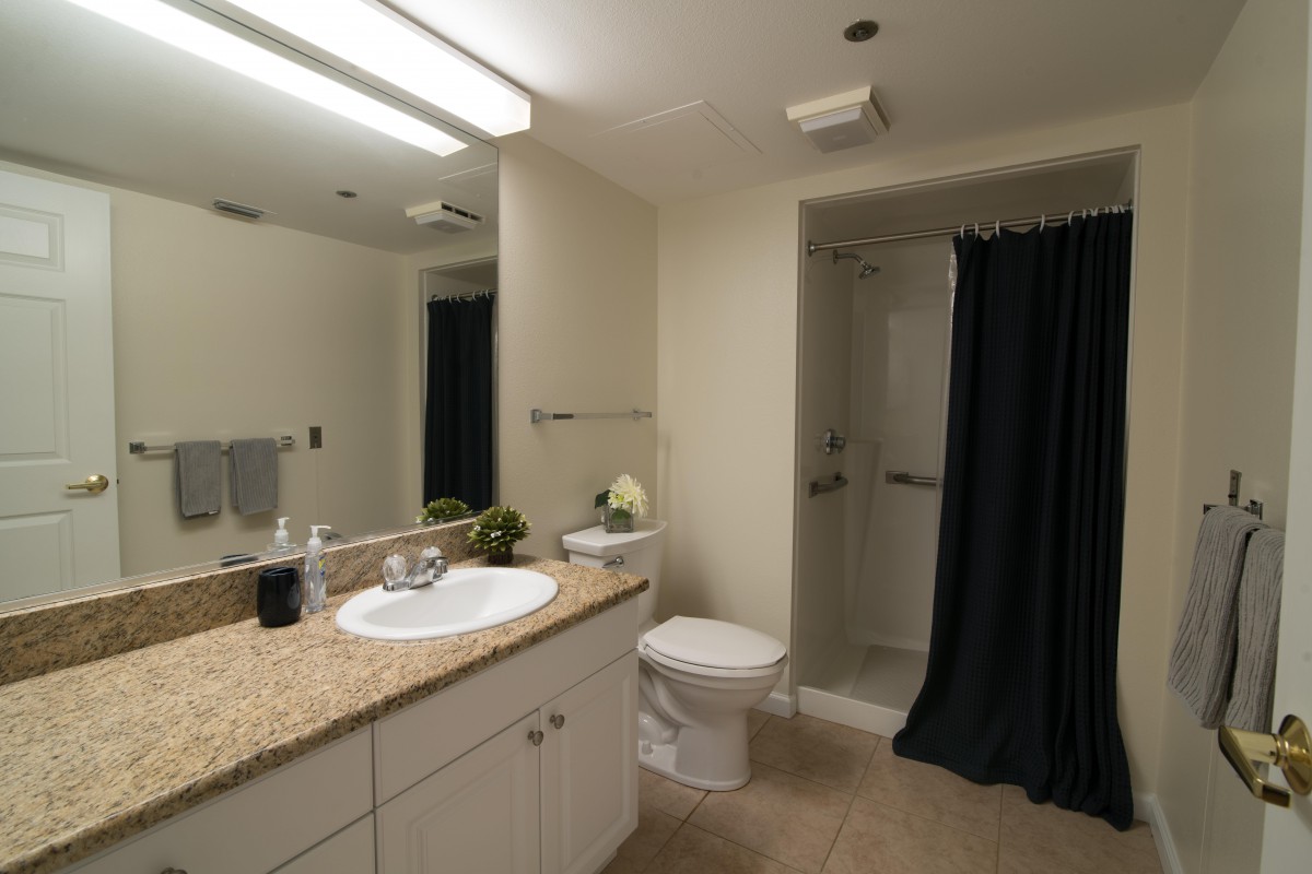 A modern bathroom featuring a sink, toilet, and shower with granite countertops.