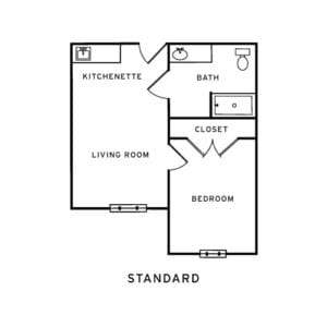 A standard apartment floor plan featuring a kitchenette, living room, bedroom, bathroom, and closet.