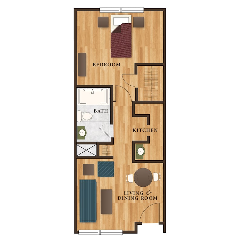A floor plan depicting a one-bedroom apartment with designated areas for the living room, kitchen, bathroom, and bedroom.