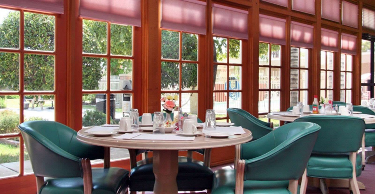 A beautifully set dining table in a restaurant with large windows letting in natural light.