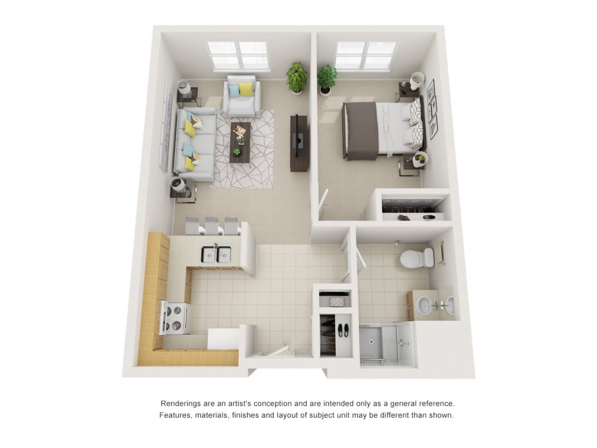 A 3D floor plan of a one-bedroom apartment featuring an open living room and kitchen, a separate bedroom, and a bathroom.