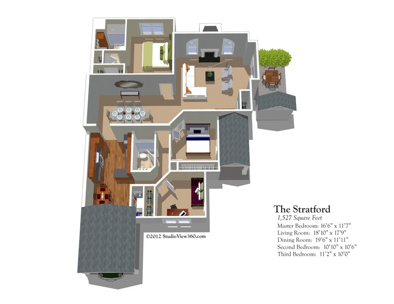 3D floor plan of a residential apartment, showing detailed room layout and dimensions.