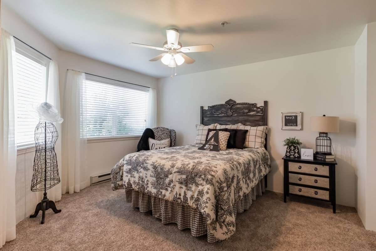 A cozy bedroom with a neatly made bed, a ceiling fan, and natural light streaming in through the window.
