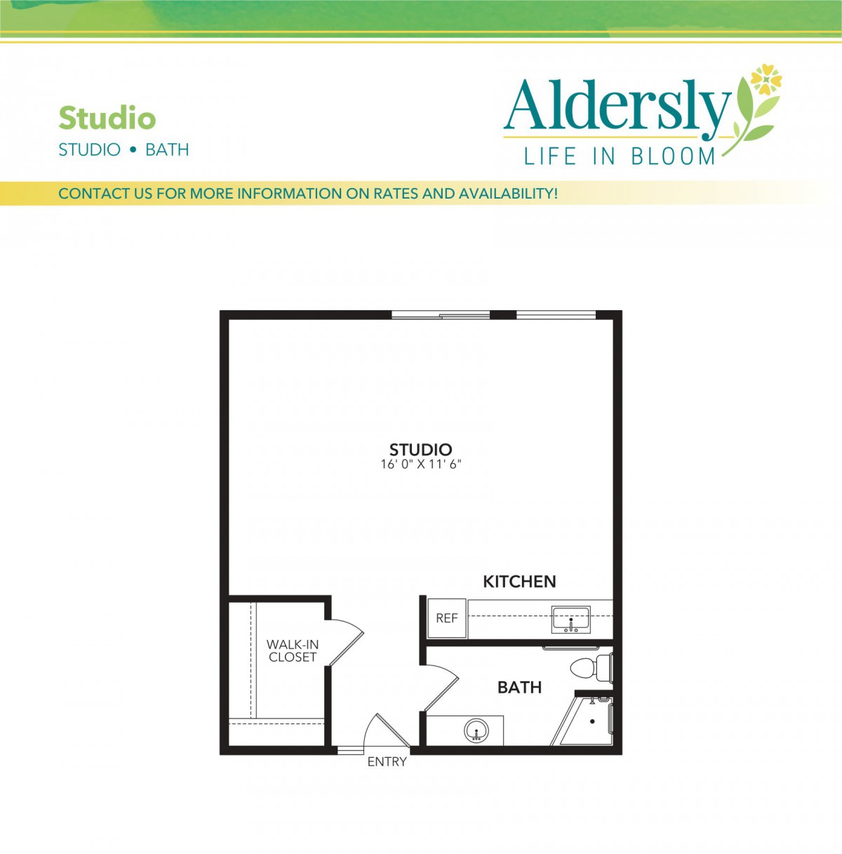 Aldersly studio apartment floor plan featuring a combined living area, kitchen, and bathroom.