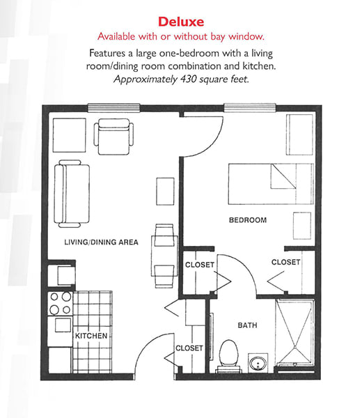 Floor plan of a one-bedroom apartment featuring a living/dining room, kitchen, bathroom, and closet.